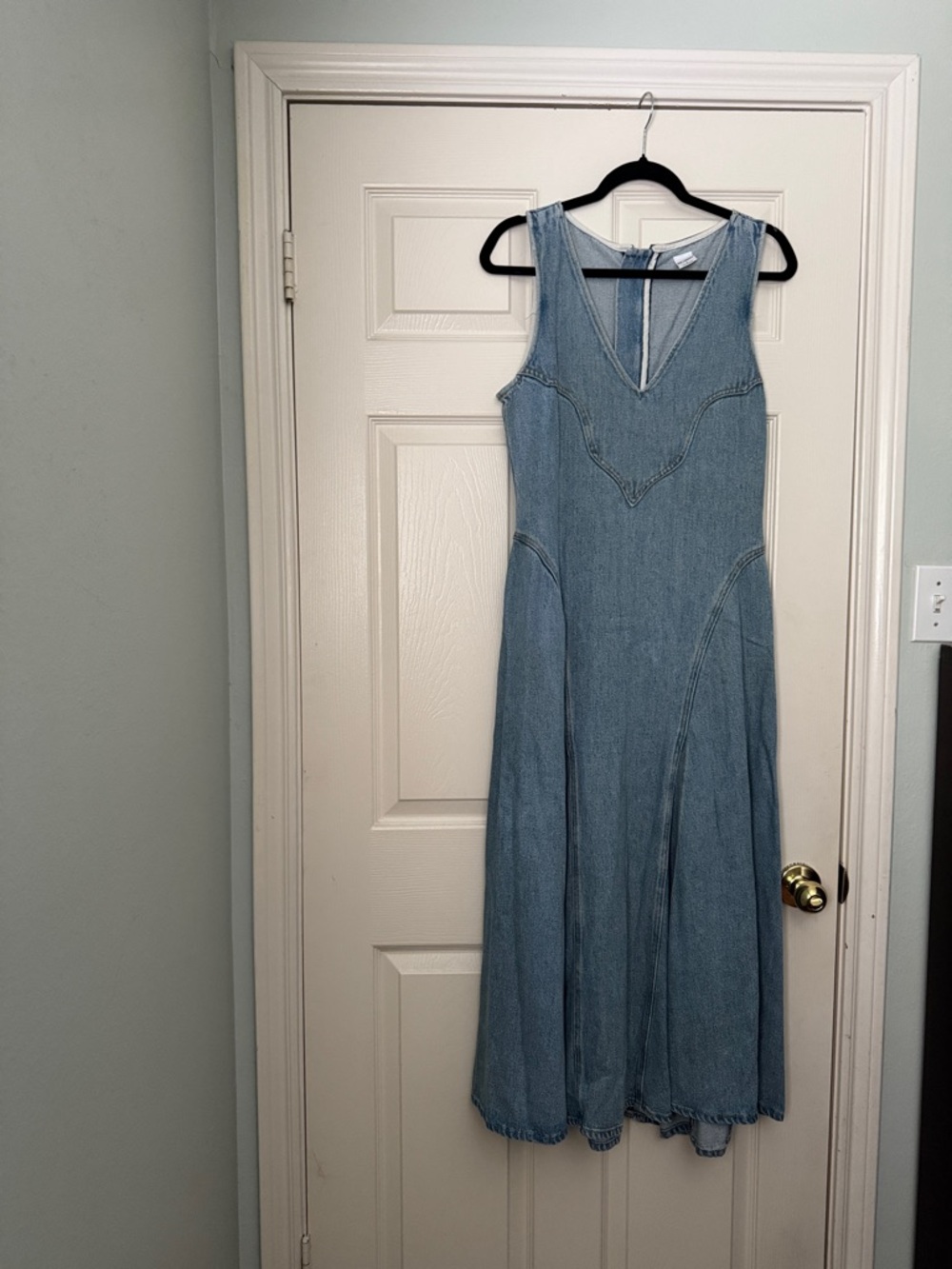 Sleeveless Light Blue Denim V-Neck Maxi Dress